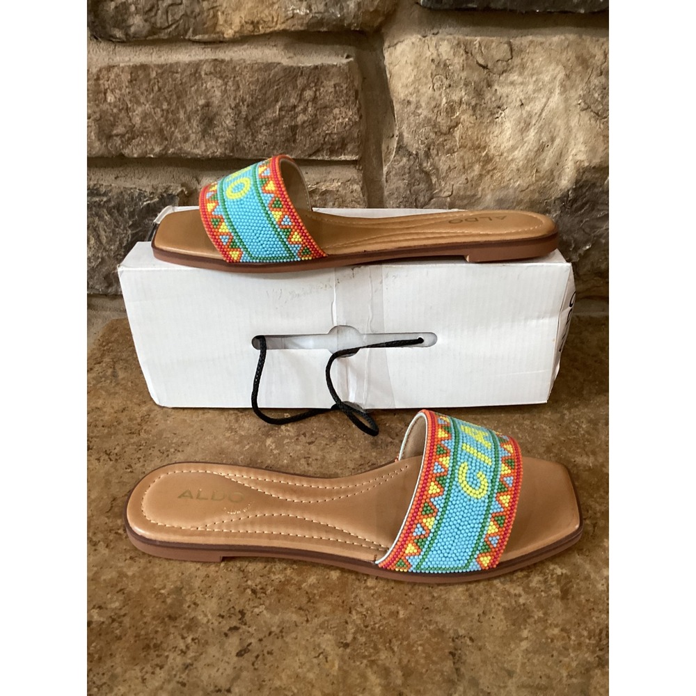 Aldo Seavacay-730 Beaded Ciao Flat Slide Sandals Blue Multi Womens Size 8 New